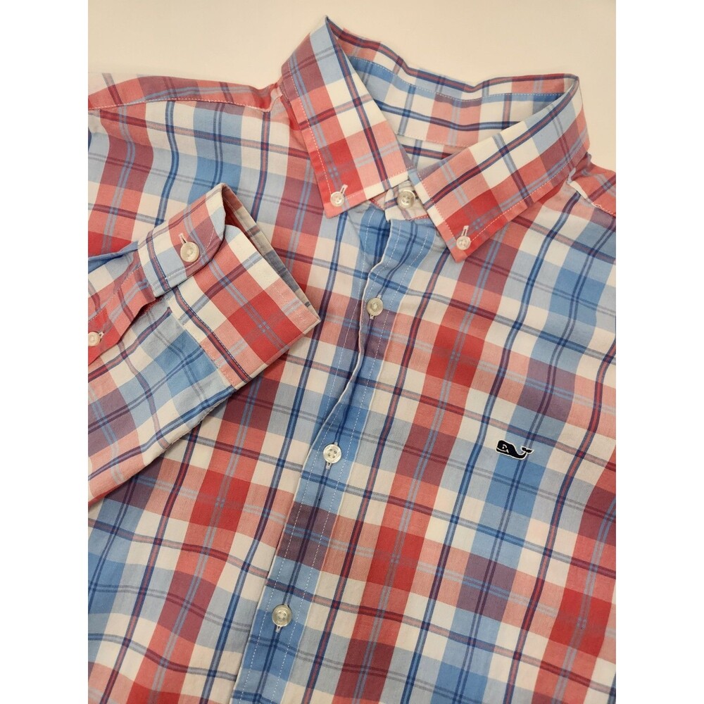 Vineyard Vines Men's L Blue Pink Plaid Long Sleeve‎ Button Down Whale Shirt